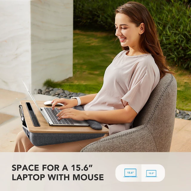Alt view image 2 of 7 - Laptop Lap Desk with Cushion, Fit up to 17" Laptops, Woodgrain Portable Lap Desk with Pillow Cushion, Anti-Slip Strip & Storage Function for Home Office Students as Computer Laptop Stand