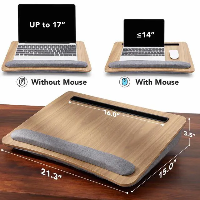 Alt view image 3 of 7 - Laptop Lap Desk with Cushion, Fit up to 17" Laptops, Woodgrain Portable Lap Desk with Pillow Cushion, Anti-Slip Strip & Storage Function for Home Office Students as Computer Laptop Stand