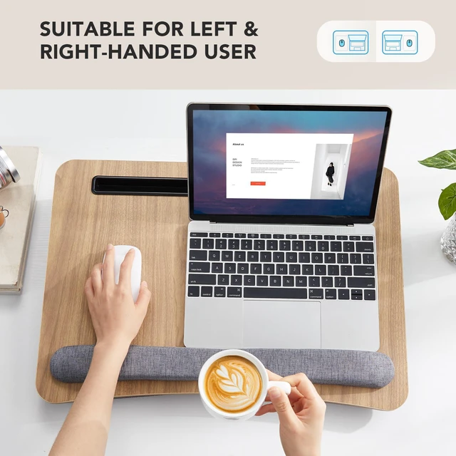 Alt view image 4 of 7 - Laptop Lap Desk with Cushion, Fit up to 17" Laptops, Woodgrain Portable Lap Desk with Pillow Cushion, Anti-Slip Strip & Storage Function for Home Office Students as Computer Laptop Stand