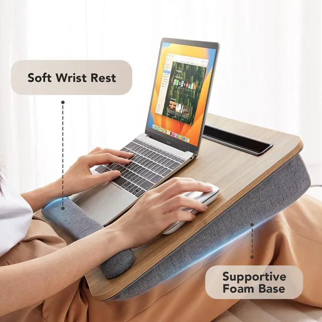 Alt view image 6 of 7 - Laptop Lap Desk with Cushion, Fit up to 17" Laptops, Woodgrain Portable Lap Desk with Pillow Cushion, Anti-Slip Strip & Storage Function for Home Office Students as Computer Laptop Stand