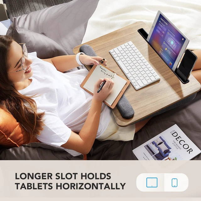 Alt view image 7 of 7 - Laptop Lap Desk with Cushion, Fit up to 17" Laptops, Woodgrain Portable Lap Desk with Pillow Cushion, Anti-Slip Strip & Storage Function for Home Office Students as Computer Laptop Stand