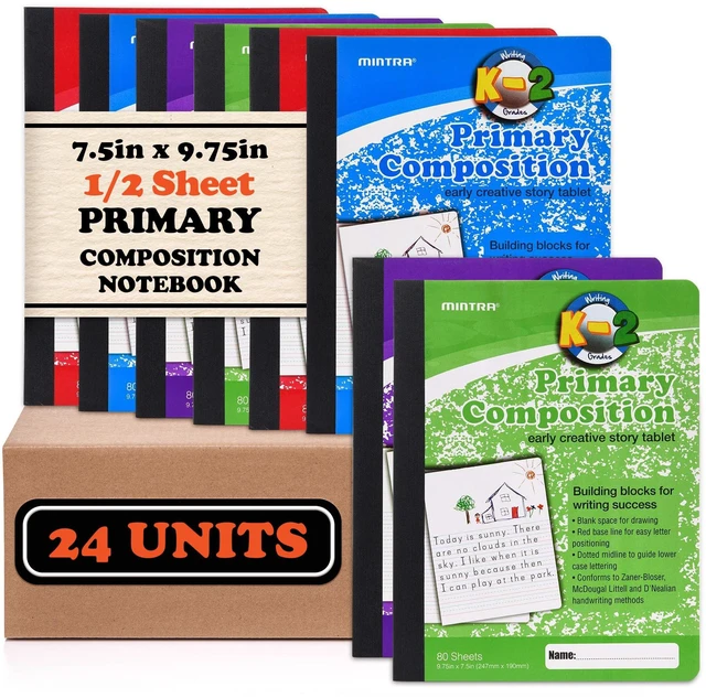 Main image of Primary Composition Notebook, 24 units 6-4 Pack, Assorted Colors, 80 Sheets, 7.5in x 9.75in, 1/2 Sheet, Ruled with Drawing Area, Flexible Hardcover Journal, Grades K-2, School & Home Use