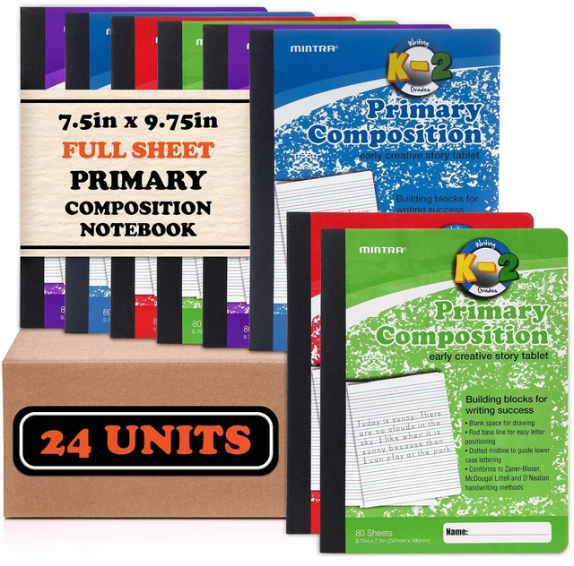 Main image of Primary Composition Notebook, 24 units 6-4 Pack, Assorted Colors, 80 Sheets, 7.5in x 9.75in, Full Sheet, Ruled with Drawing Area, Flexible Hardcover Journal, Grades K-2, School & Home Use