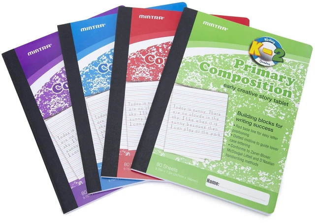 Alt view image 3 of 5 - Primary Composition Notebook, 4 Pack, Assorted Colors 80 Sheets, 7.5in x 9.75in, Full Sheet, Ruled with Drawing Area, Flexible Hardcover Journal, Grade K-2, School & Home Use