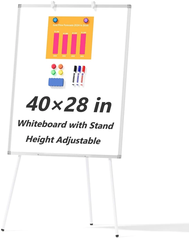 Main image of Large Whiteboard Easel with Stand, 40" x 28" Portable Standing Magnetic Dry Erase White Board, Tripod Height Adjustable Flip Chart Easel for Home Office Classroom School, Silver