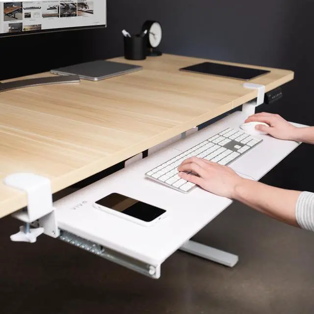 Alt view image 5 of 7 - White Extra Large Clamp-on 34 x 11 in Keyboard Tray, MOUNT-KB15EW Extra Long Under Desk Keyboard & Mouse Tray, Slide Out Platform, Extra Sturdy C-Clamp Mount System, Computer Drawer