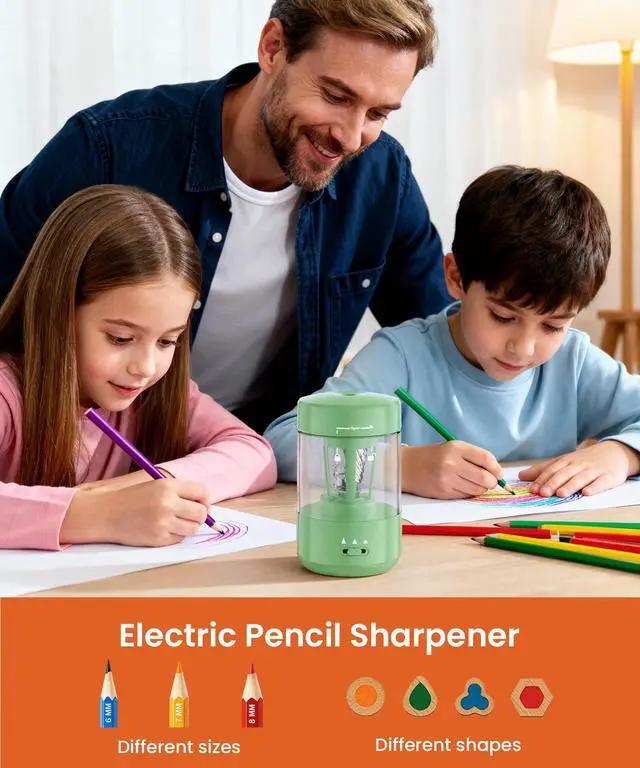 Alt view image 3 of 7 - Electric Pencil Sharpener for Classroom, Fully Automatic, Green Type-C Rechargeable, Auto In/Out, 2000mAh Built-in Battery, Fast Sharpen, For 6-8mm No.2&Colored Pencils, Home, School Office