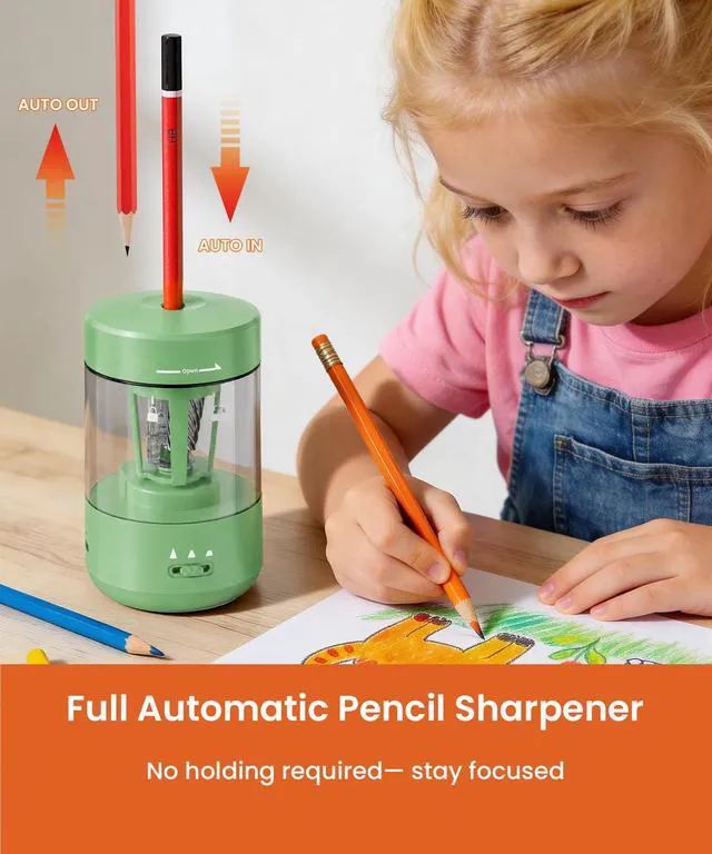 Alt view image 2 of 7 - Electric Pencil Sharpener for Classroom, Fully Automatic, Green Type-C Rechargeable, Auto In/Out, 2000mAh Built-in Battery, Fast Sharpen, For 6-8mm No.2&Colored Pencils, Home, School Office