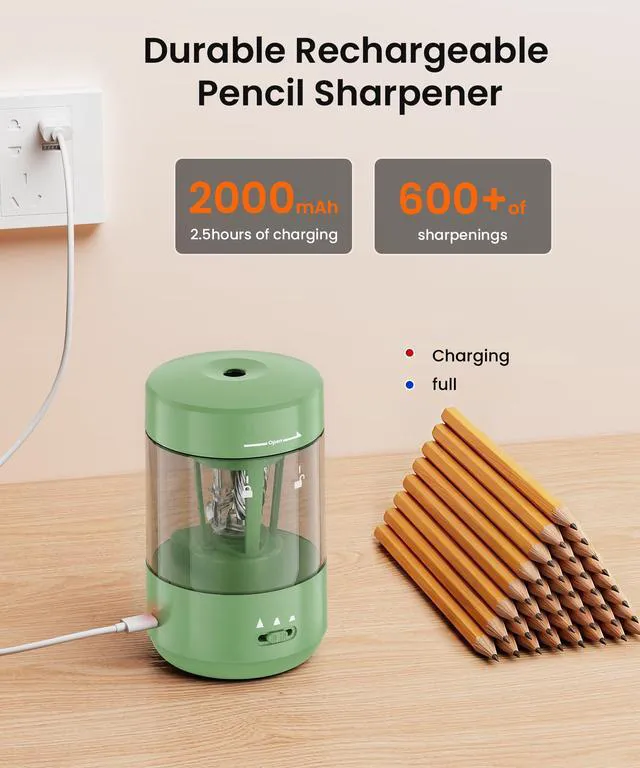Alt view image 5 of 7 - Electric Pencil Sharpener for Classroom, Fully Automatic, Green Type-C Rechargeable, Auto In/Out, 2000mAh Built-in Battery, Fast Sharpen, For 6-8mm No.2&Colored Pencils, Home, School Office