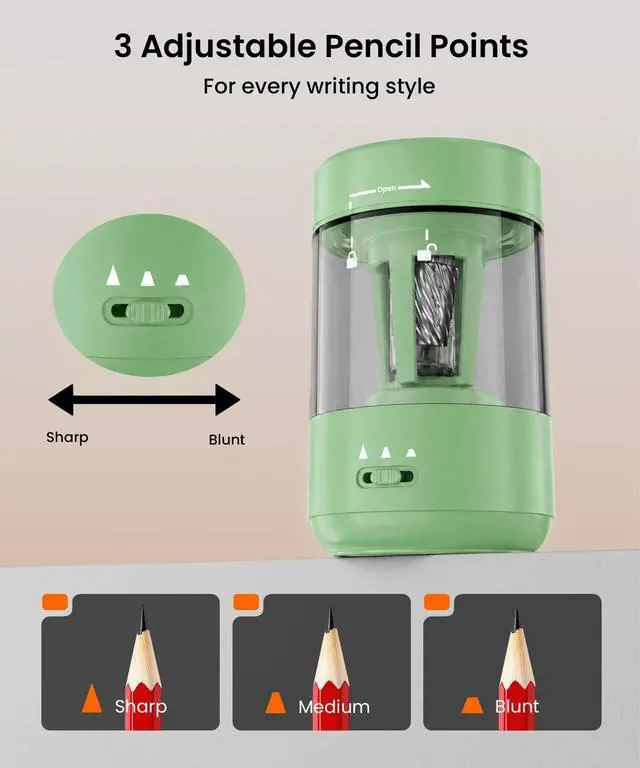 Alt view image 6 of 7 - Electric Pencil Sharpener for Classroom, Fully Automatic, Green Type-C Rechargeable, Auto In/Out, 2000mAh Built-in Battery, Fast Sharpen, For 6-8mm No.2&Colored Pencils, Home, School Office