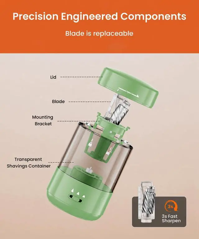 Alt view image 7 of 7 - Electric Pencil Sharpener for Classroom, Fully Automatic, Green Type-C Rechargeable, Auto In/Out, 2000mAh Built-in Battery, Fast Sharpen, For 6-8mm No.2&Colored Pencils, Home, School Office