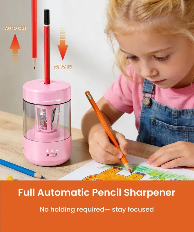 Alt view image 2 of 7 - Electric Pencil Sharpener for Classroom, Fully Automatic, Light Pink Type-C Rechargeable, Auto In/Out, 2000mAh Built-in Battery, Fast Sharpen, For 6-8mm No.2&Colored Pencils, Home, School Office