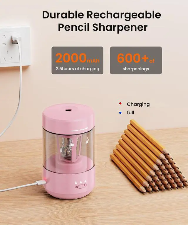 Alt view image 5 of 7 - Electric Pencil Sharpener for Classroom, Fully Automatic, Light Pink Type-C Rechargeable, Auto In/Out, 2000mAh Built-in Battery, Fast Sharpen, For 6-8mm No.2&Colored Pencils, Home, School Office