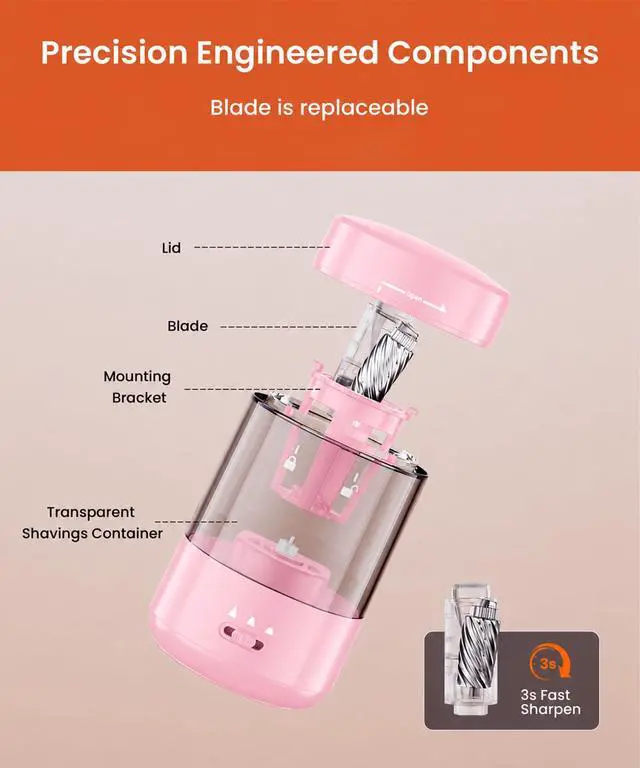 Alt view image 7 of 7 - Electric Pencil Sharpener for Classroom, Fully Automatic, Light Pink Type-C Rechargeable, Auto In/Out, 2000mAh Built-in Battery, Fast Sharpen, For 6-8mm No.2&Colored Pencils, Home, School Office