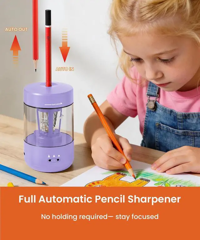 Alt view image 2 of 7 - Electric Pencil Sharpener for Classroom, Fully Automatic, Purple Type-C Rechargeable, Auto In/Out, 2000mAh Built-in Battery, Fast Sharpen, For 6-8mm No.2&Colored Pencils, Home, School Office