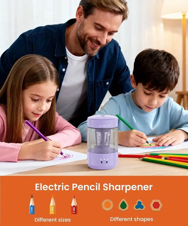 Alt view image 3 of 7 - Electric Pencil Sharpener for Classroom, Fully Automatic, Purple Type-C Rechargeable, Auto In/Out, 2000mAh Built-in Battery, Fast Sharpen, For 6-8mm No.2&Colored Pencils, Home, School Office