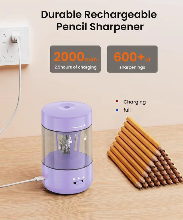Alt view image 5 of 7 - Electric Pencil Sharpener for Classroom, Fully Automatic, Purple Type-C Rechargeable, Auto In/Out, 2000mAh Built-in Battery, Fast Sharpen, For 6-8mm No.2&Colored Pencils, Home, School Office