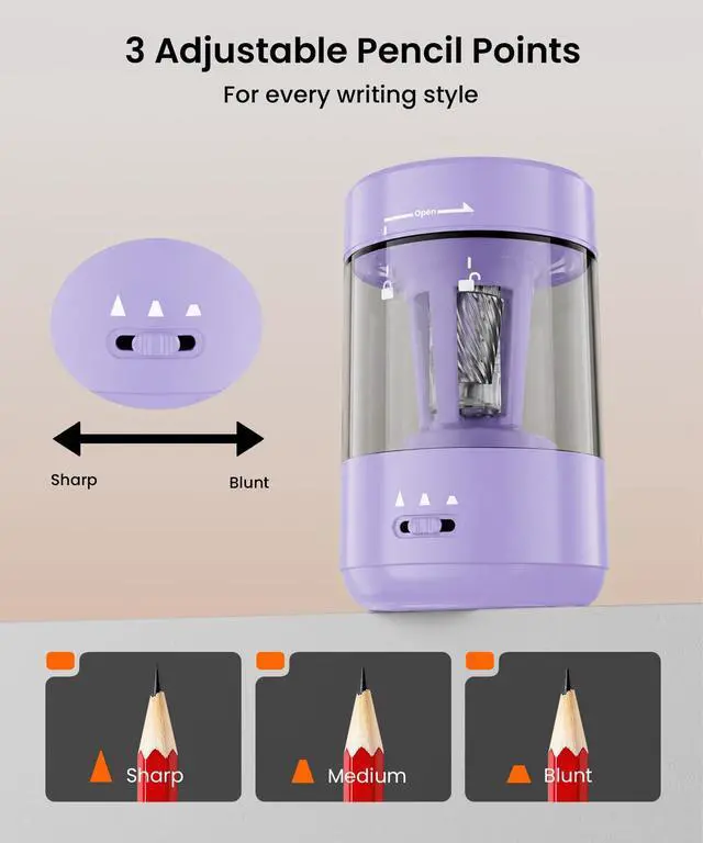 Alt view image 6 of 7 - Electric Pencil Sharpener for Classroom, Fully Automatic, Purple Type-C Rechargeable, Auto In/Out, 2000mAh Built-in Battery, Fast Sharpen, For 6-8mm No.2&Colored Pencils, Home, School Office