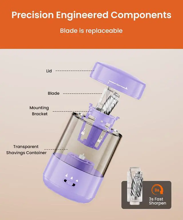 Alt view image 7 of 7 - Electric Pencil Sharpener for Classroom, Fully Automatic, Purple Type-C Rechargeable, Auto In/Out, 2000mAh Built-in Battery, Fast Sharpen, For 6-8mm No.2&Colored Pencils, Home, School Office