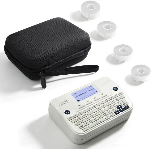 Main image of E12 Keyboard & Bluetooth Label Maker with 4 Tapes & Case, White Rechargeable, Backlit Display, App with 30+ Fonts & 660+ Icons, Minimal Margin, Inkless, for School, Office, Home