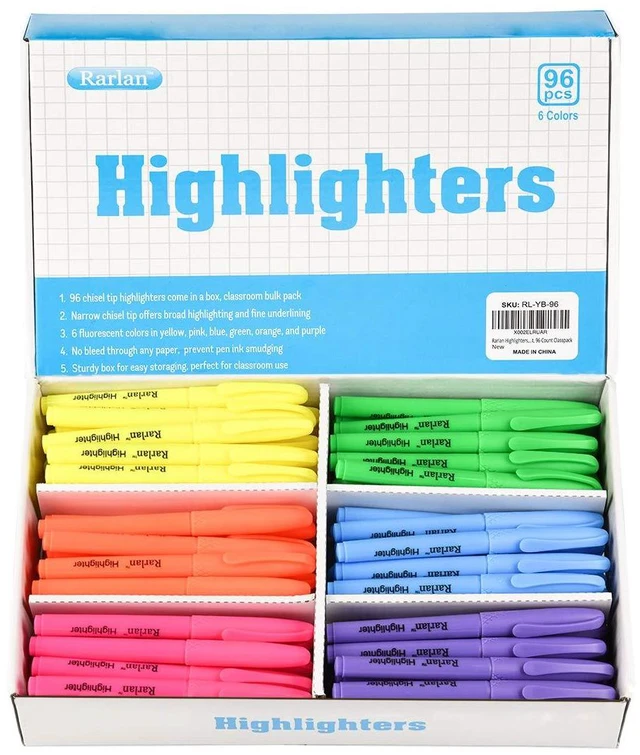 Main image of Highlighters, Chisel Tip, Assorted Fluorescent, 96 Count Bulk Pack Highlighters Assorted Colors for Classroom & Office, Study Essentials, Ideal for Back to School and Teacher Supplies