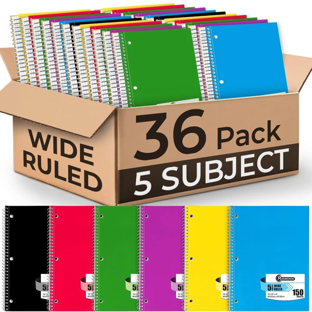 Main image of 5 Subject Spiral Notebook, 36 Pack, Wide Ruled Bulk, 150 Sheets Thick Paper, 300 Pages, 8 x 10-1/2", Sturdy Spiral Bound Notebooks, 3 Hole Punched, Bulk 5 Subject Notebooks for Schools