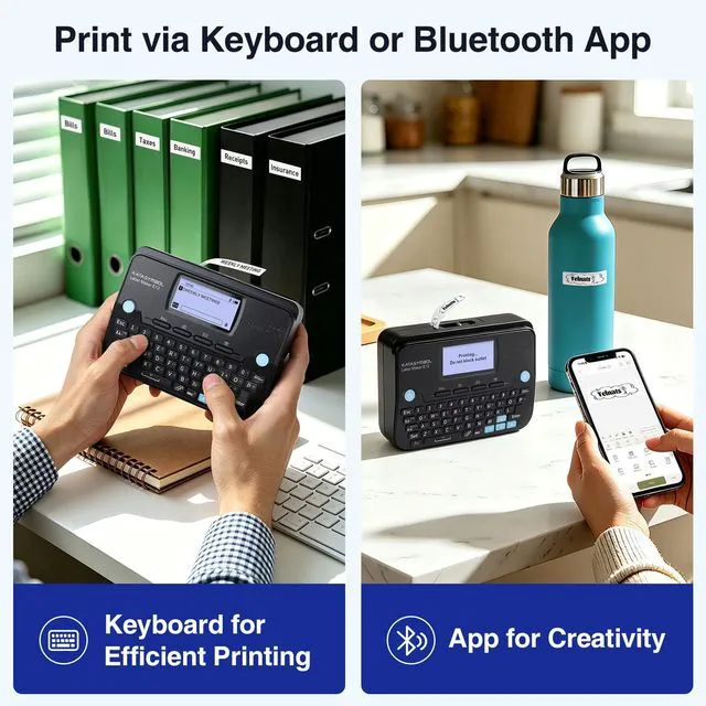 Alt view image 2 of 7 - E12 Keyboard & Bluetooth Label Maker with 4 Tapes & Case, Black Rechargeable, Backlit Display, App with 30+ Fonts & 660+ Icons, Minimal Margin, Inkless, for School, Office, Home