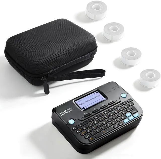 Main image of E12 Keyboard & Bluetooth Label Maker with 4 Tapes & Case, Black Rechargeable, Backlit Display, App with 30+ Fonts & 660+ Icons, Minimal Margin, Inkless, for School, Office, Home