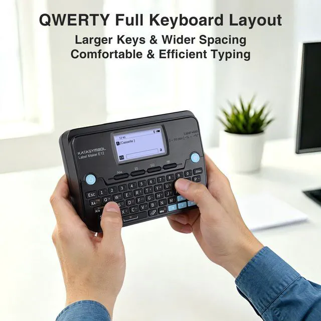 Alt view image 6 of 7 - E12 Keyboard & Bluetooth Label Maker with 4 Tapes & Case, Black Rechargeable, Backlit Display, App with 30+ Fonts & 660+ Icons, Minimal Margin, Inkless, for School, Office, Home