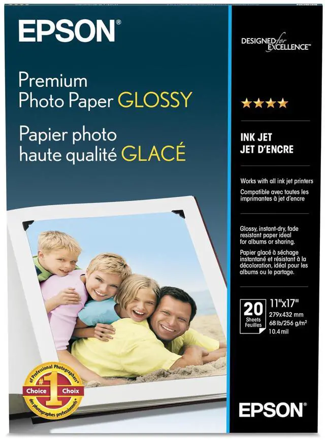 Main image of Premium Photo Paper Glossy B size 11x17 20 sheets S041290 High-gloss, heavyweight paper creates durable, smudge- and water-resistant photos for albums and frames