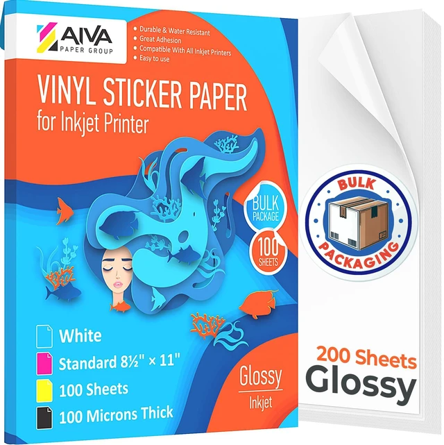 Main image of Printable Vinyl Sticker Paper - Waterproof Decal Paper for Inkjet Printer - 200 Self-Adhesive Sheets - Glossy White - Standard Letter Size 8.5"x11"