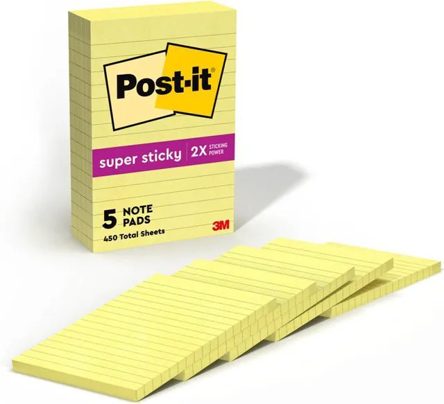Main image of Super Sticky Notes,4x6 in,5 Pads,2X The Sticking Power,Canary Yellow,Recyclable,(Pack of 8)