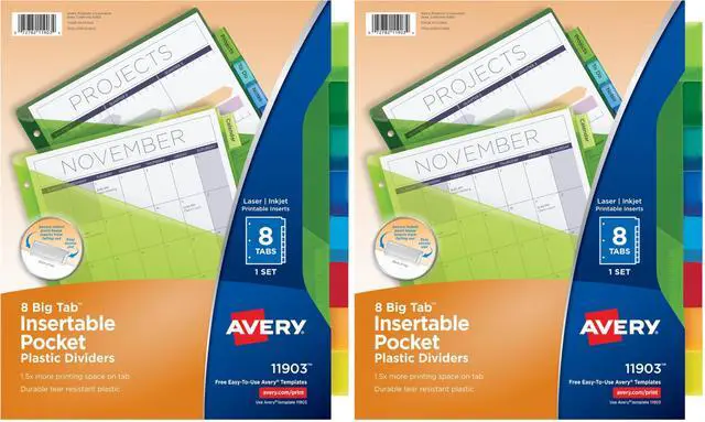 Main image of Insertable Plastic Dividers for 3 Ring Binders,8 Tabs per Set,Big Tabs,Two Pockets,Multicolor Binder Dividers,Works with Sheet Protectors (11903),(Pack of 2)
