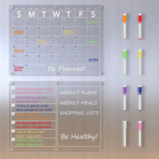 Main image of Acrylic Magnetic Dry Erase Board Calendar for Fridge, Clear Monthly and Weekly Meal Planner Whiteboard Refrigerator, Menu Board for Kitchen, w/ 8 Colors Markers, 15"x11"