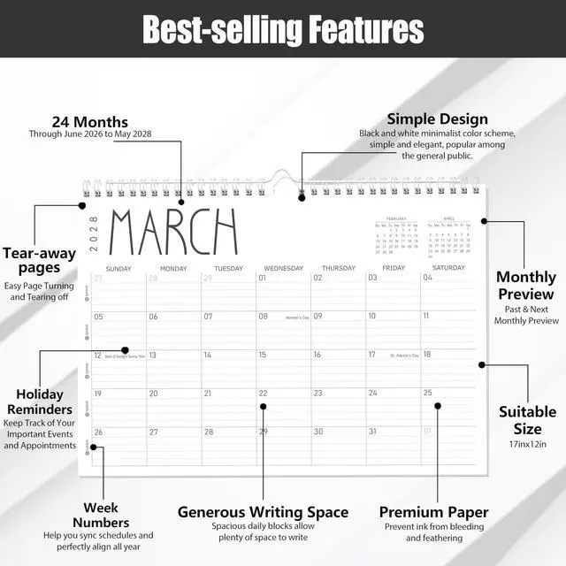 Alt view image 3 of 7 - Wall Calendar 2026-2027, 24 Months (Jun 2026-May 2028), 17"x12" Twin-Wire Binding Hanging Calendar, Premium Thick Paper, Monthly Academic Planner, for Office Home Planning & Organizing