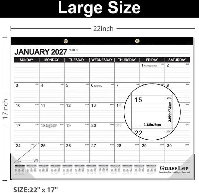 Alt view image 2 of 7 - Large Desk Calendar 2026-2027,19 Months from Jun. 2026 to Dec. 2027, 22 x 17 Inches Desktop Wall Calendar Hanging Planner with Julian Date, Notes, Reinforced Corners for School Home Office