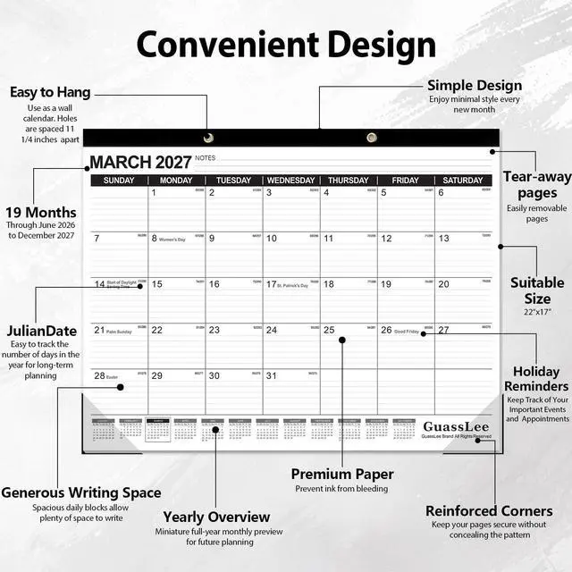 Alt view image 3 of 7 - Large Desk Calendar 2026-2027,19 Months from Jun. 2026 to Dec. 2027, 22 x 17 Inches Desktop Wall Calendar Hanging Planner with Julian Date, Notes, Reinforced Corners for School Home Office