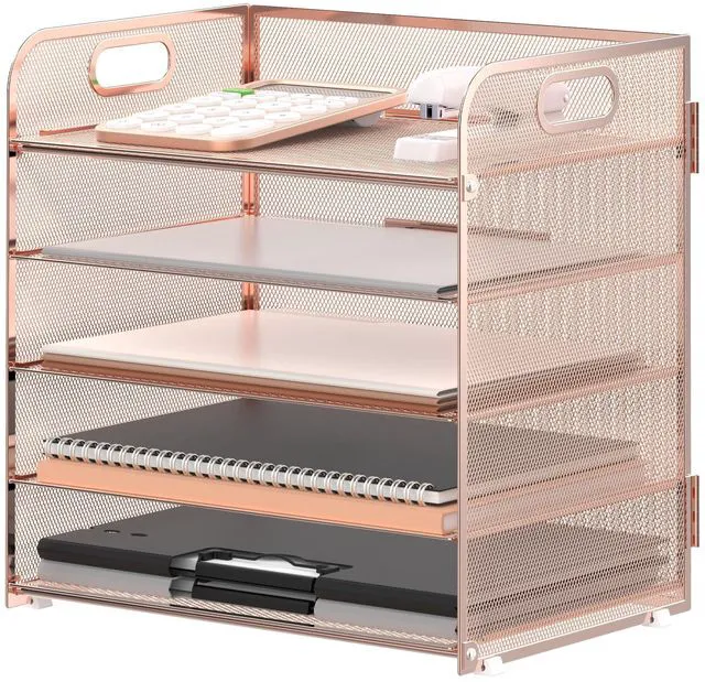 Main image of 5 Trays Paper Organizer Letter Tray with Handle-Mesh Desk File Organizer, Paper Sorter Desk Organizer for Office, Home or School (Rose Gold)