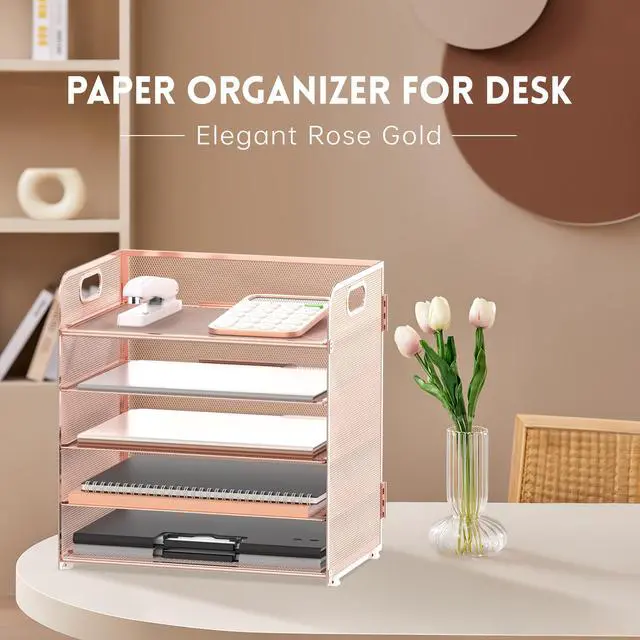 Alt view image 2 of 6 - 5 Trays Paper Organizer Letter Tray with Handle-Mesh Desk File Organizer, Paper Sorter Desk Organizer for Office, Home or School (Rose Gold)