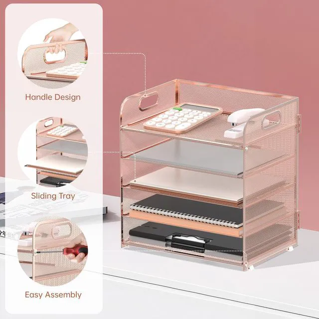 Alt view image 3 of 6 - 5 Trays Paper Organizer Letter Tray with Handle-Mesh Desk File Organizer, Paper Sorter Desk Organizer for Office, Home or School (Rose Gold)