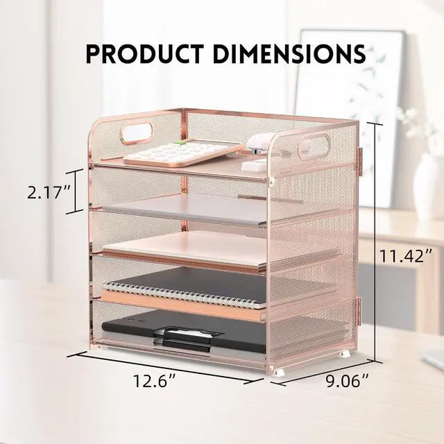 Alt view image 5 of 6 - 5 Trays Paper Organizer Letter Tray with Handle-Mesh Desk File Organizer, Paper Sorter Desk Organizer for Office, Home or School (Rose Gold)