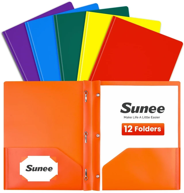 Main image of 2 Pocket Folders with Prongs (12 Pack, Assorted Color) Plastic Folders with Pockets and Prongs Fit Letter Size, Poly Folders with Pockets for School Office Home Business