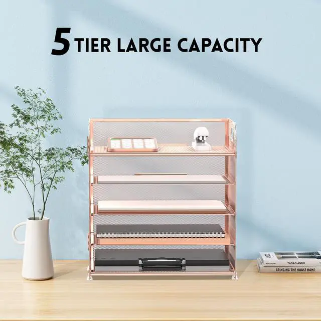 Alt view image 4 of 6 - 5 Trays Paper Organizer Letter Tray with Handle-Mesh Desk File Organizer, Paper Sorter Desk Organizer for Office, Home or School (Rose Gold)