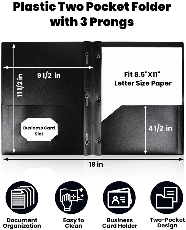 Alt view image 2 of 7 - 12-Pack Black Plastic Folders with Pockets and Prongs, Letter Size, 9 x 11.5 in