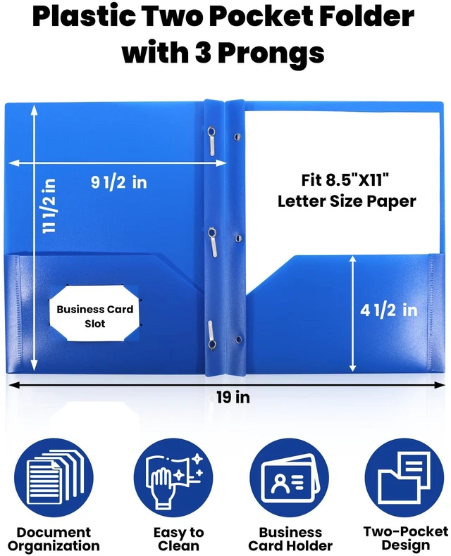 Alt view image 2 of 7 - 12-Pack Blue Plastic Folders with Pockets and Prongs, Letter Size, 9 x 11.5 in