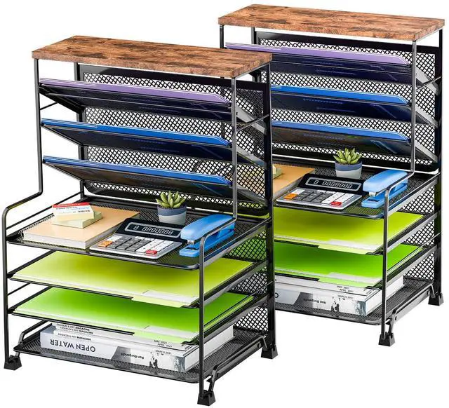 Main image of 7 Tier Desk File Organizer, 2 Pack Letter Tray Paper Organizer, Mesh Desk Accessories File Folder for Office, Home or School, Black