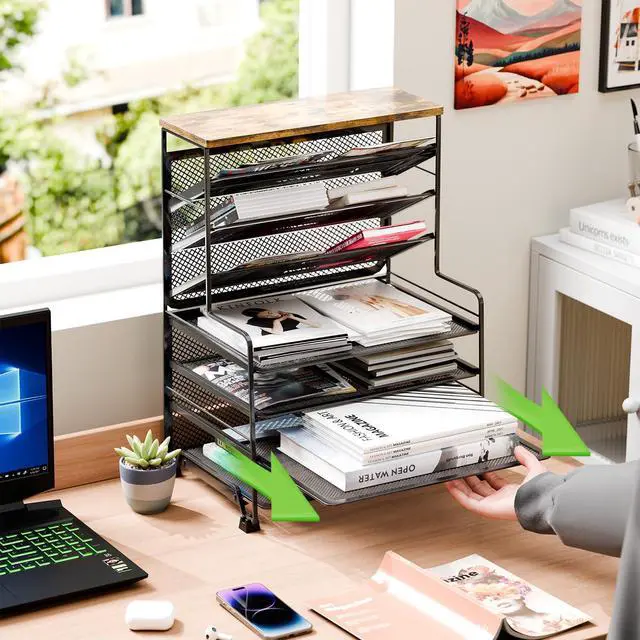Alt view image 3 of 7 - 7 Tier Desk File Organizer, 2 Pack Letter Tray Paper Organizer, Mesh Desk Accessories File Folder for Office, Home or School, Black