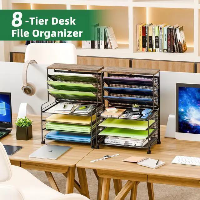 Alt view image 4 of 7 - 7 Tier Desk File Organizer, 2 Pack Letter Tray Paper Organizer, Mesh Desk Accessories File Folder for Office, Home or School, Black