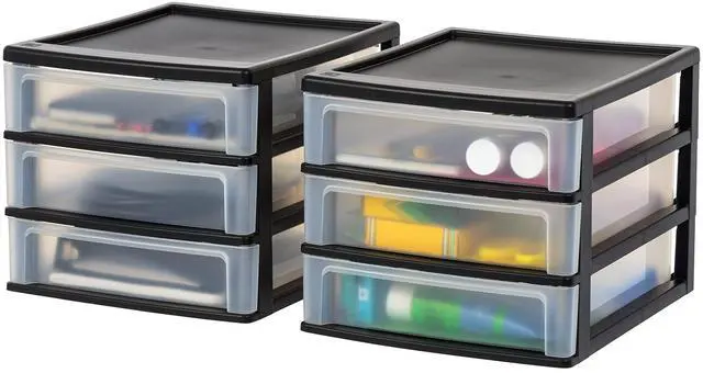 Main image of 2-Pack, 3-Drawer Medium Plastic Stacking Desktop Organizer, Black Keep dorm desks organized with drawers for school supplies, makeup, snacks, chargers and everyday college essentials