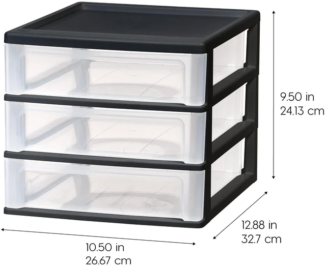 Alt view image 3 of 7 - 2-Pack, 3-Drawer Medium Plastic Stacking Desktop Organizer, Black Keep dorm desks organized with drawers for school supplies, makeup, snacks, chargers and everyday college essentials